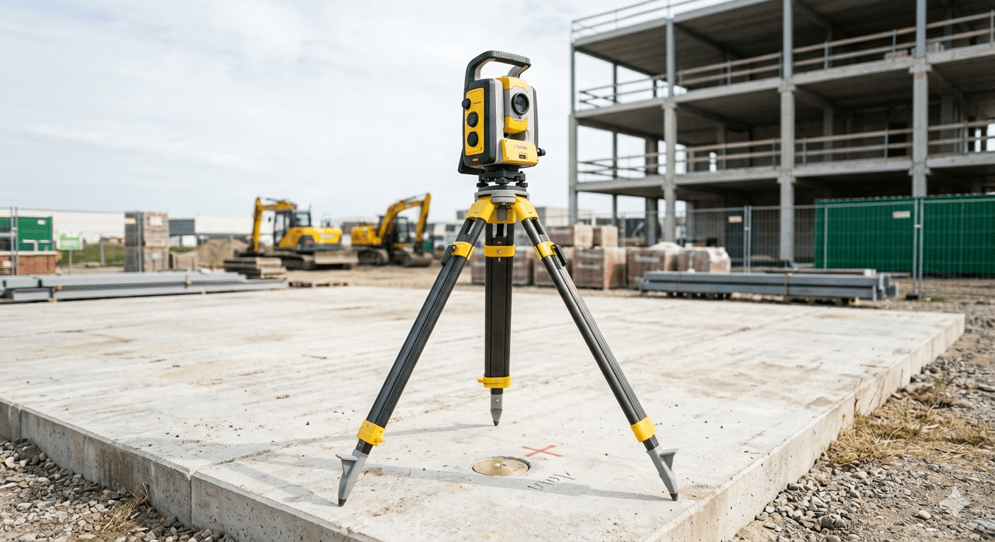 Total station standing over a control point on a concrete slab at a building site.