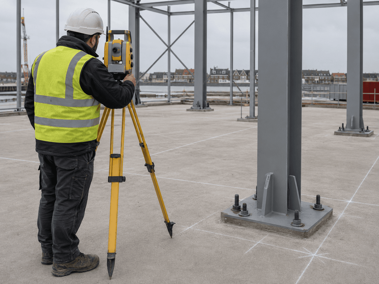Surveyor using a total station to verify steel columns and base plates on a concrete slab.