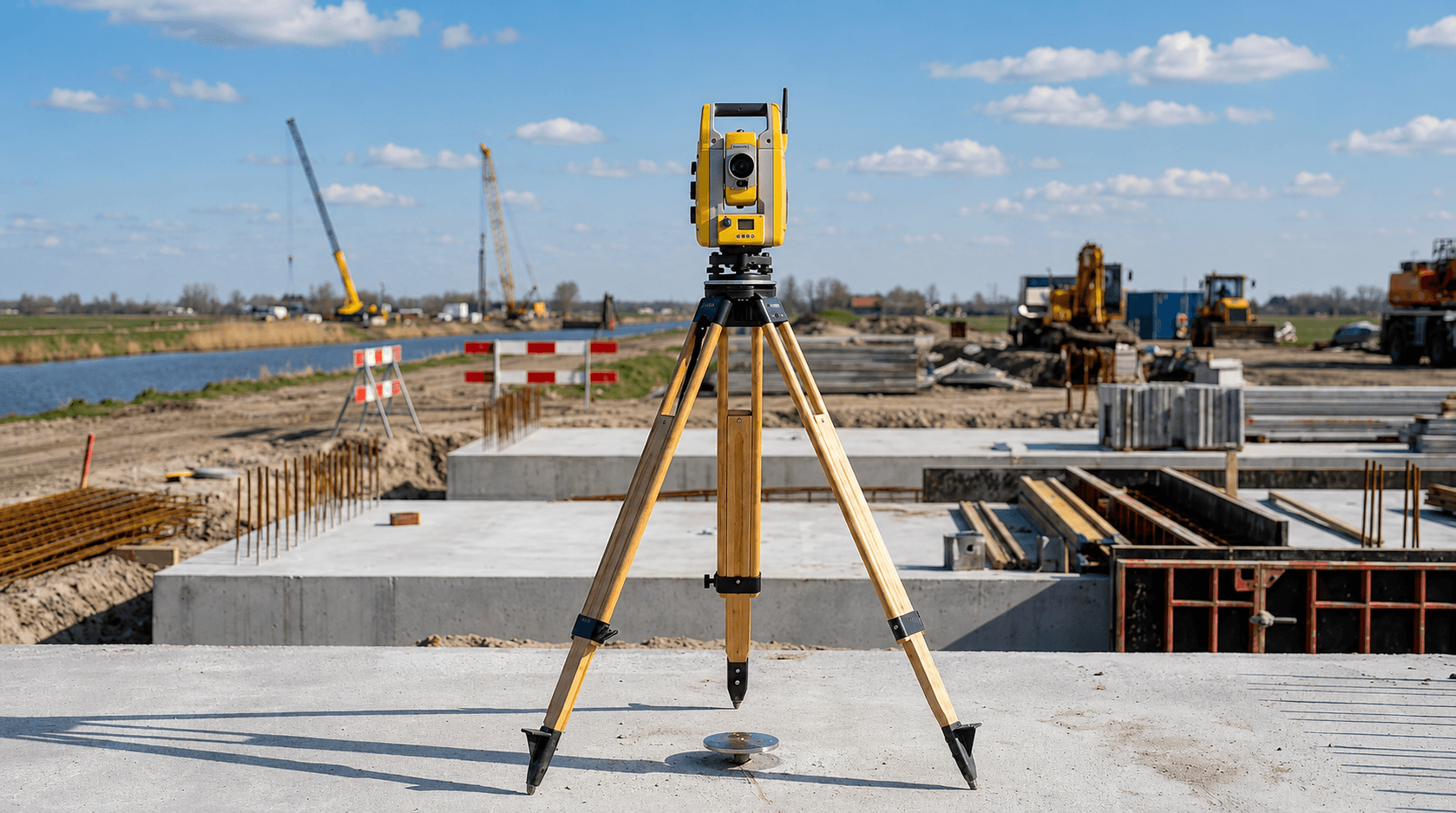 Trimble total station set up on a concrete construction site with civil works in the background.